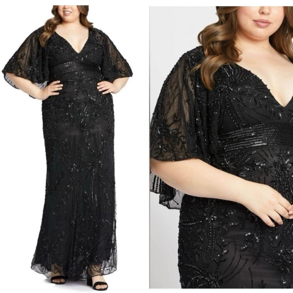 MAC DUGGAL Women’s Black Beaded V-Neck Sheer Cape Gown